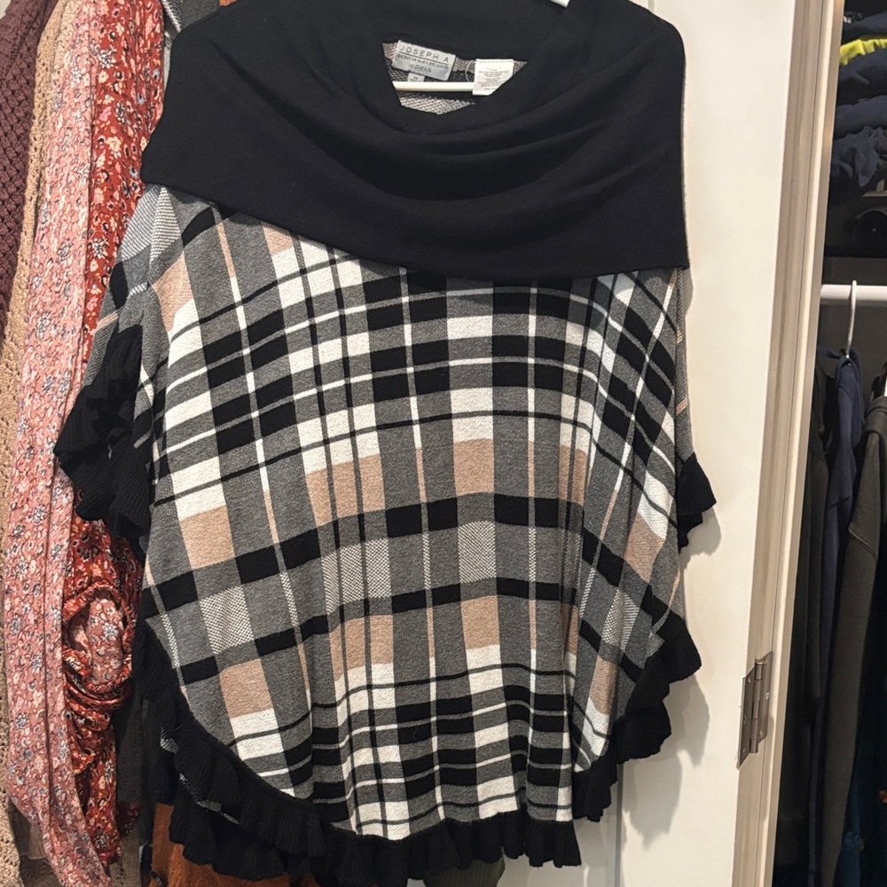Joseph A Black and Tan Plaid Poncho
